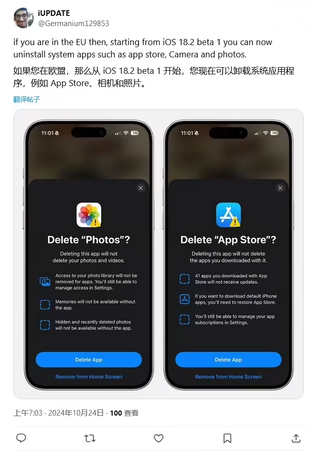 商南苹果手机维修分享iOS 18.2 支持删除 App Store 应用商店 